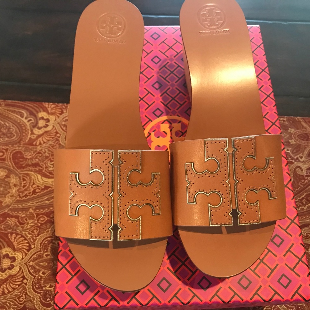 Tory Burch Ines Leather 80MM Slide Wedges in Tan